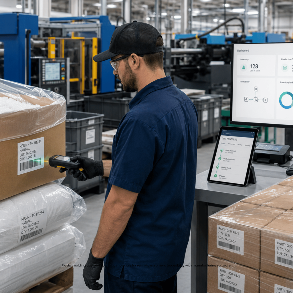 Plastic molding operator scanning materials for resin-to-shipment traceability with manufacturing software.