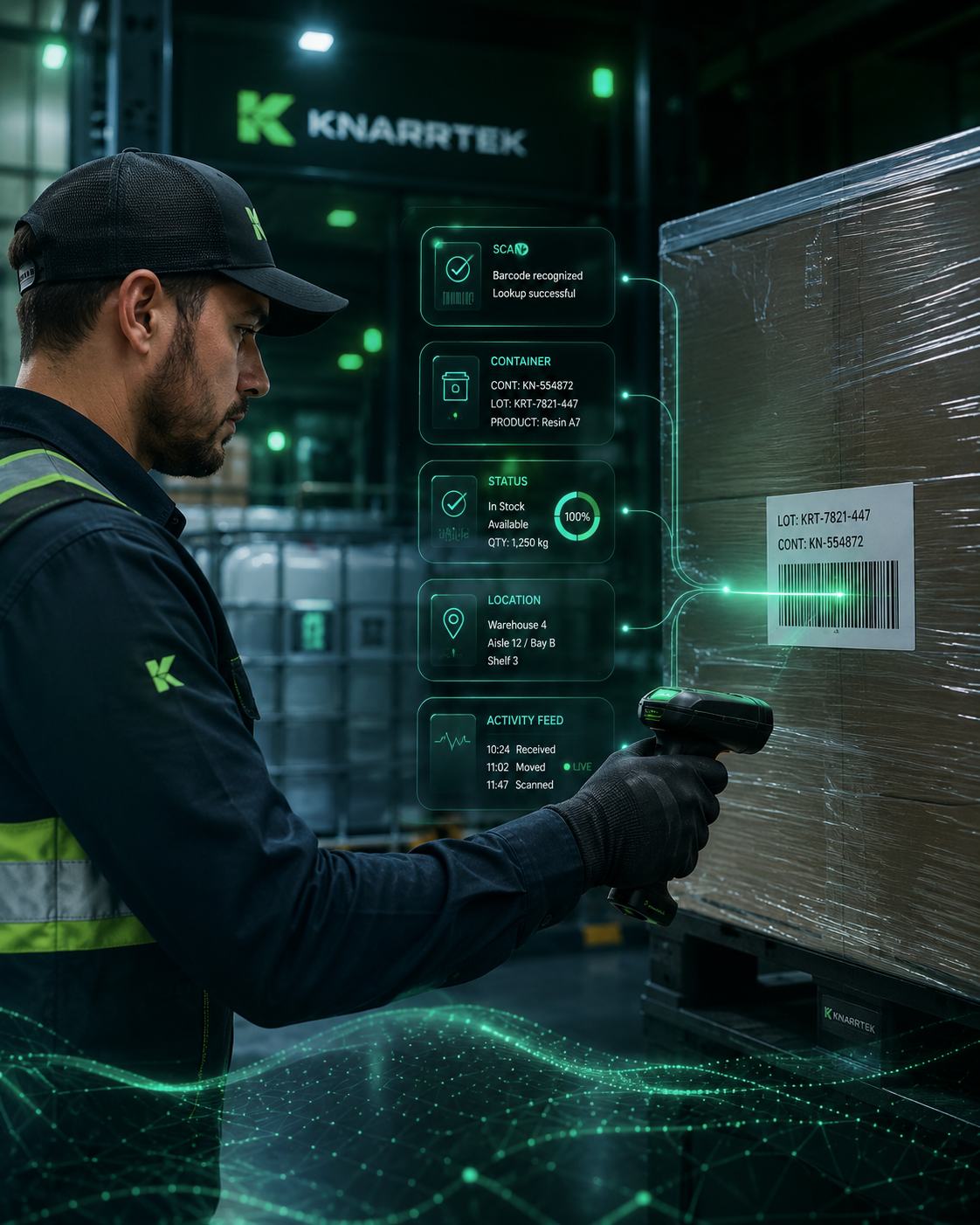 Barcode tracking software identifying inventory, containers, lots, locations, and operational records in real time