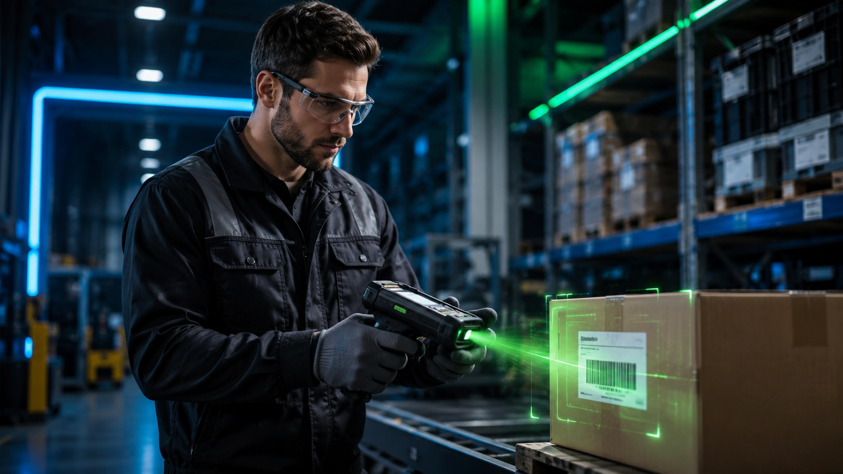 Worker using a mobile barcode scanner for BellHawk materials tracking software