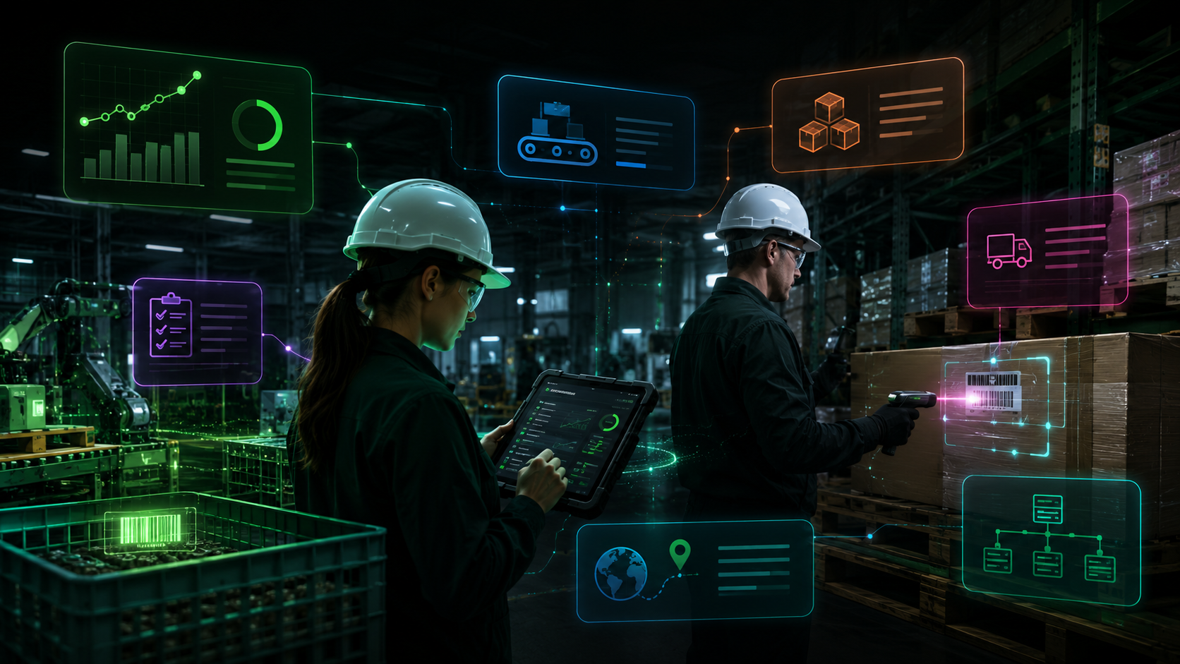 Customized software support for manufacturing operations, barcode tracking, WMS, MES, and ERP-connected workflows