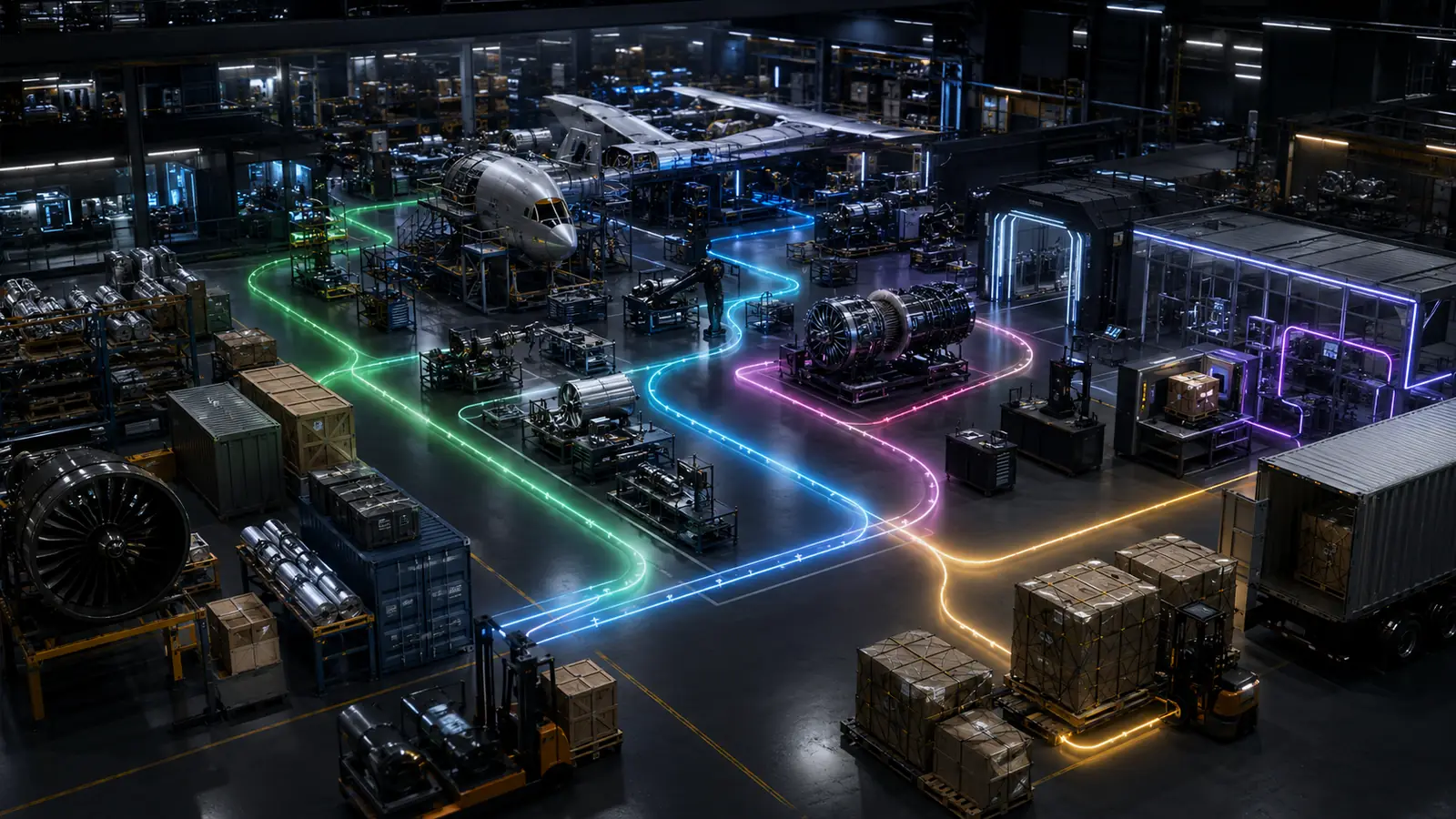 Aerospace traceability solutions showing connected material receiving, production, inspection, labeling, and shipping activity.