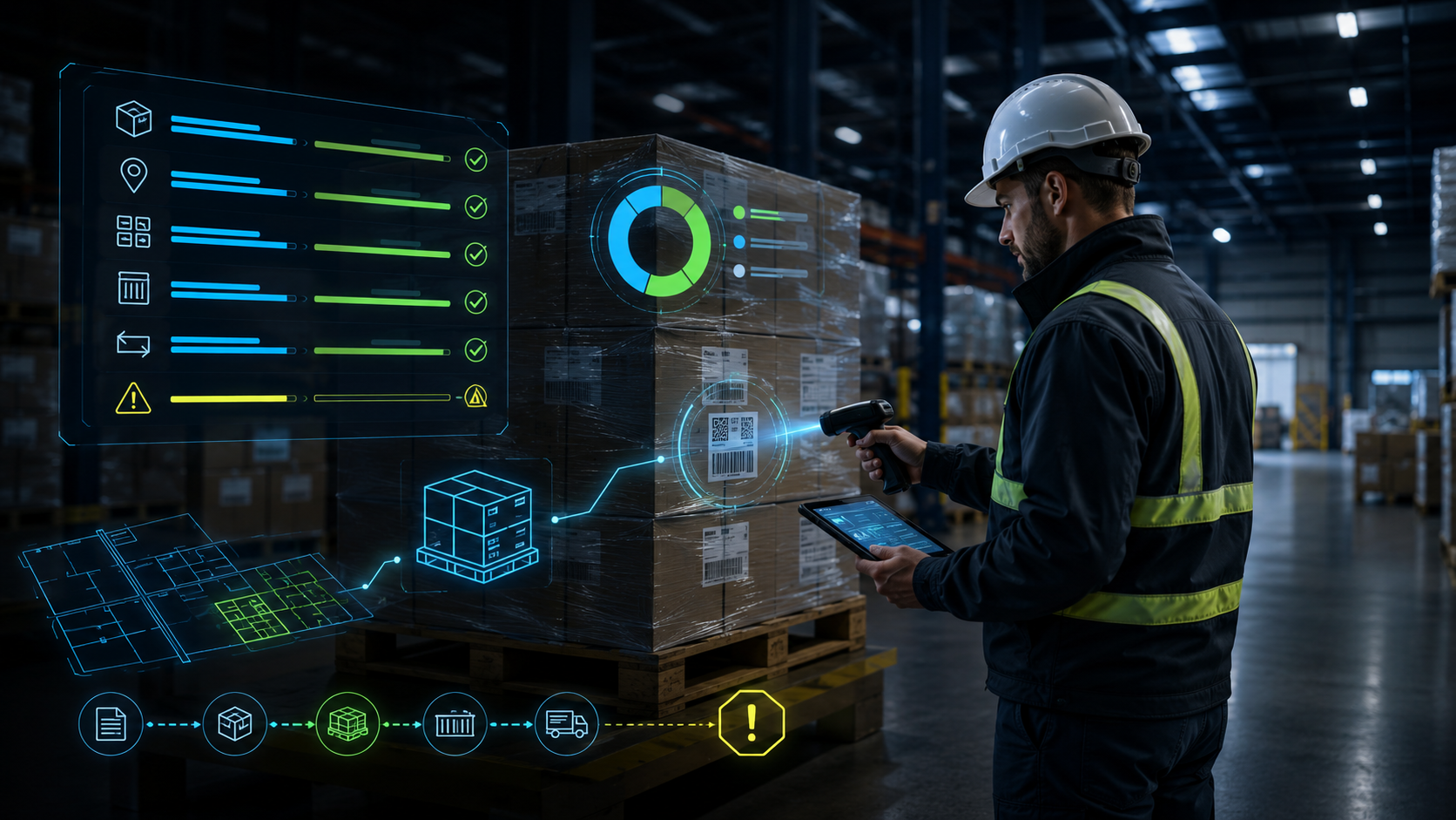 Commercial lender reviewing barcode-verified inventory collateral in a borrower warehouse