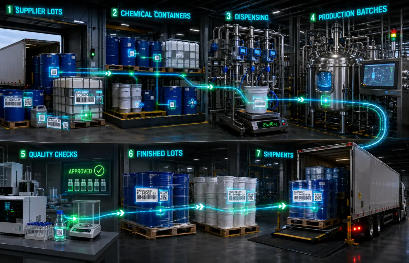 Batch traceability software diagram connecting supplier lots, chemical containers, dispensing, production batches, quality checks, finished lots, and shipments