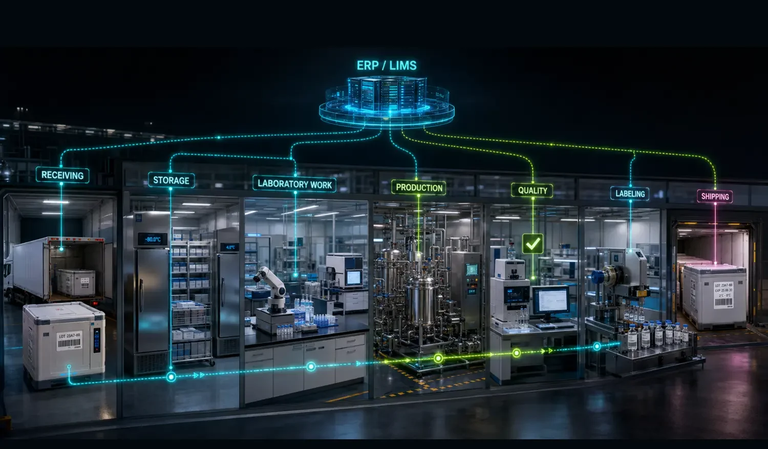Biotech traceability solutions diagram connecting receiving, storage, laboratory work, production, quality, labeling, shipping, ERP, and LIMS systems