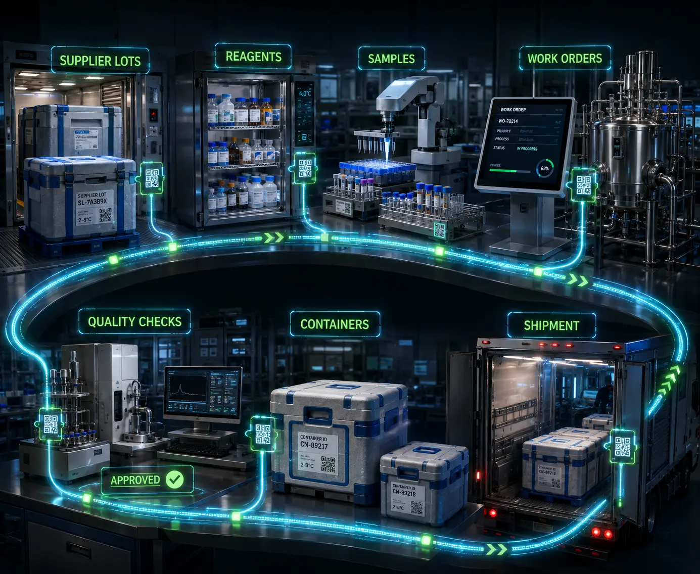 Biotechnology traceability software diagram connecting supplier lots, reagents, samples, work orders, quality checks, containers, and shipments