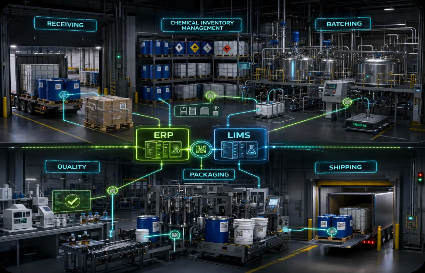 Chemical traceability solutions diagram connecting receiving, chemical inventory management, batching, quality, packaging, shipping, ERP, and LIMS