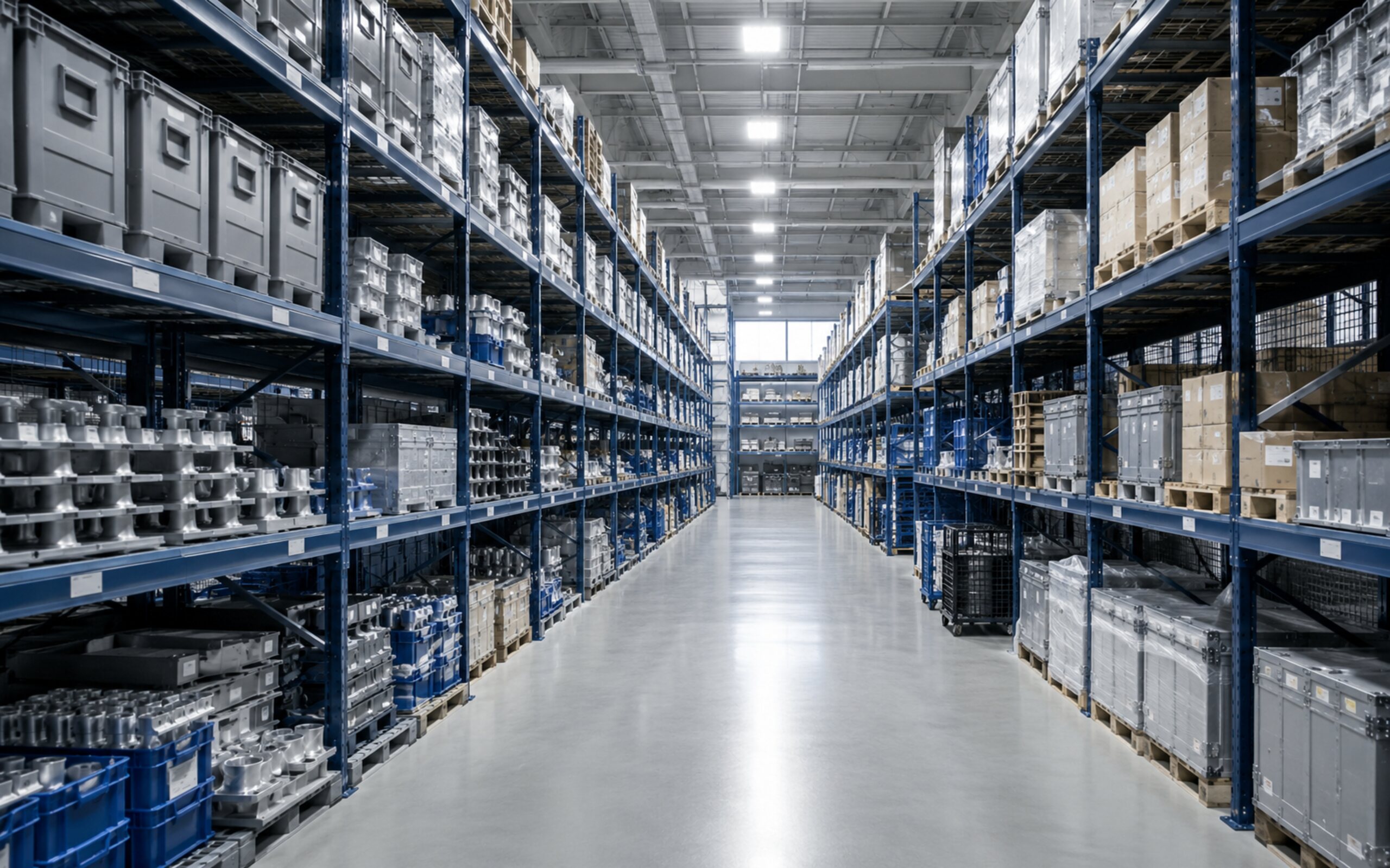 Organized industrial warehouse shelving in a defense and aerospace parts facility stacked with labeled boxes and pallets, illustrating the facility-wide inventory MilramX synchronizes with BellHawk's traceability data.