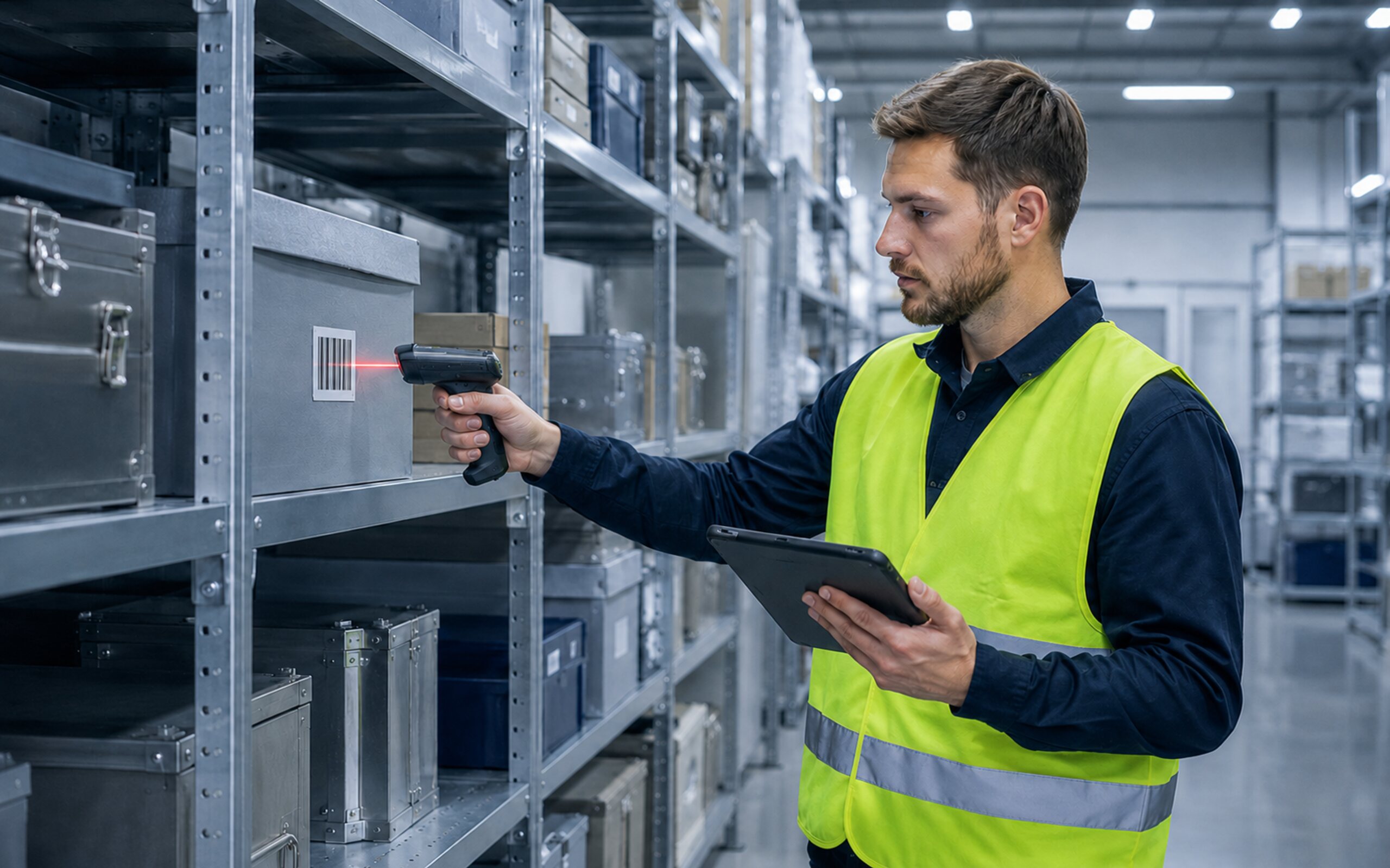 Warehouse worker in a defense and aerospace parts facility using a handheld barcode scanner and tablet to record inventory, illustrating how KnarrTek's defense traceability software captures serialized part data at the point of work.