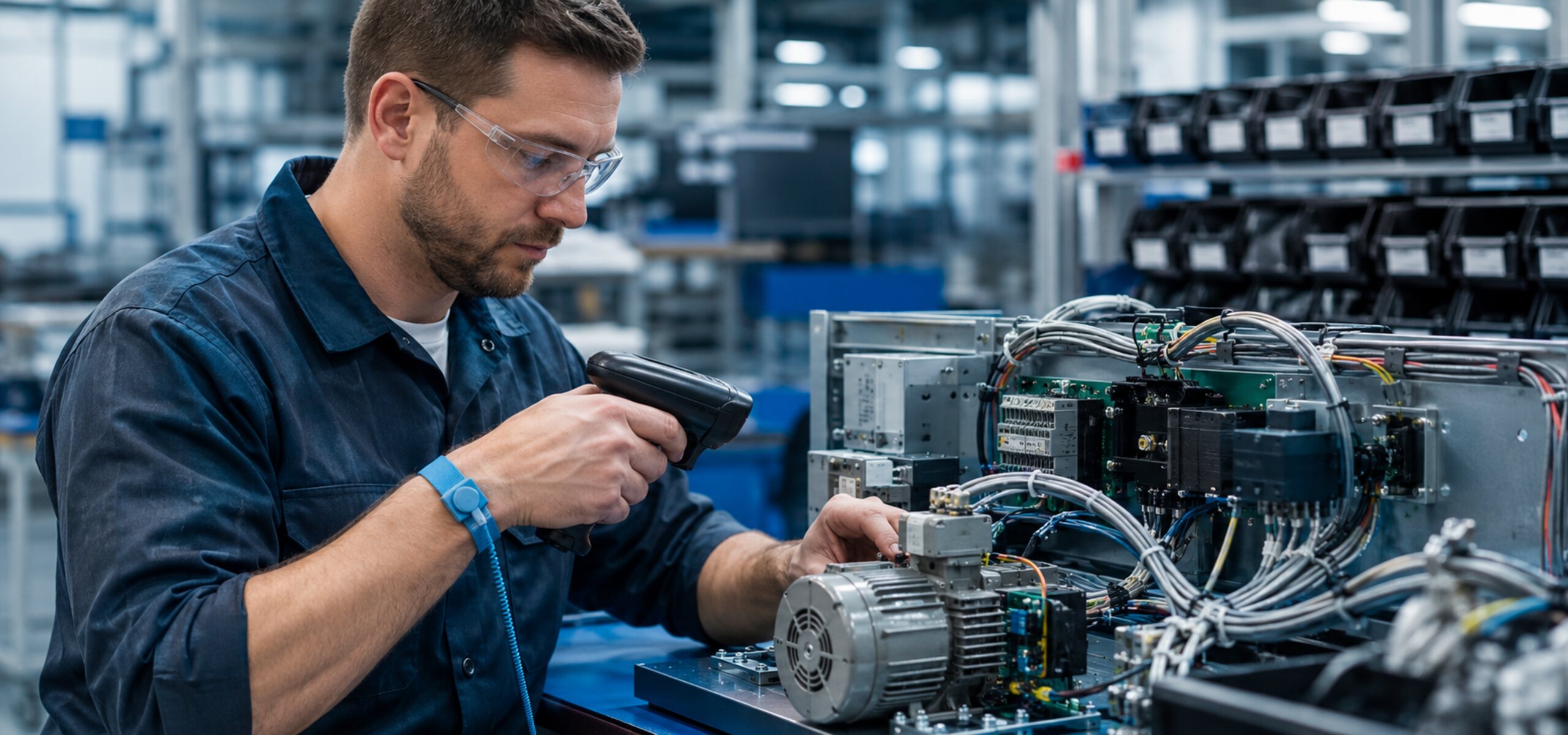 Assembly technician using a handheld RFID scanner on a control panel and wiring subassembly, illustrating how KnarrTek's electromechanical traceability software captures serialized component data at the point of work.