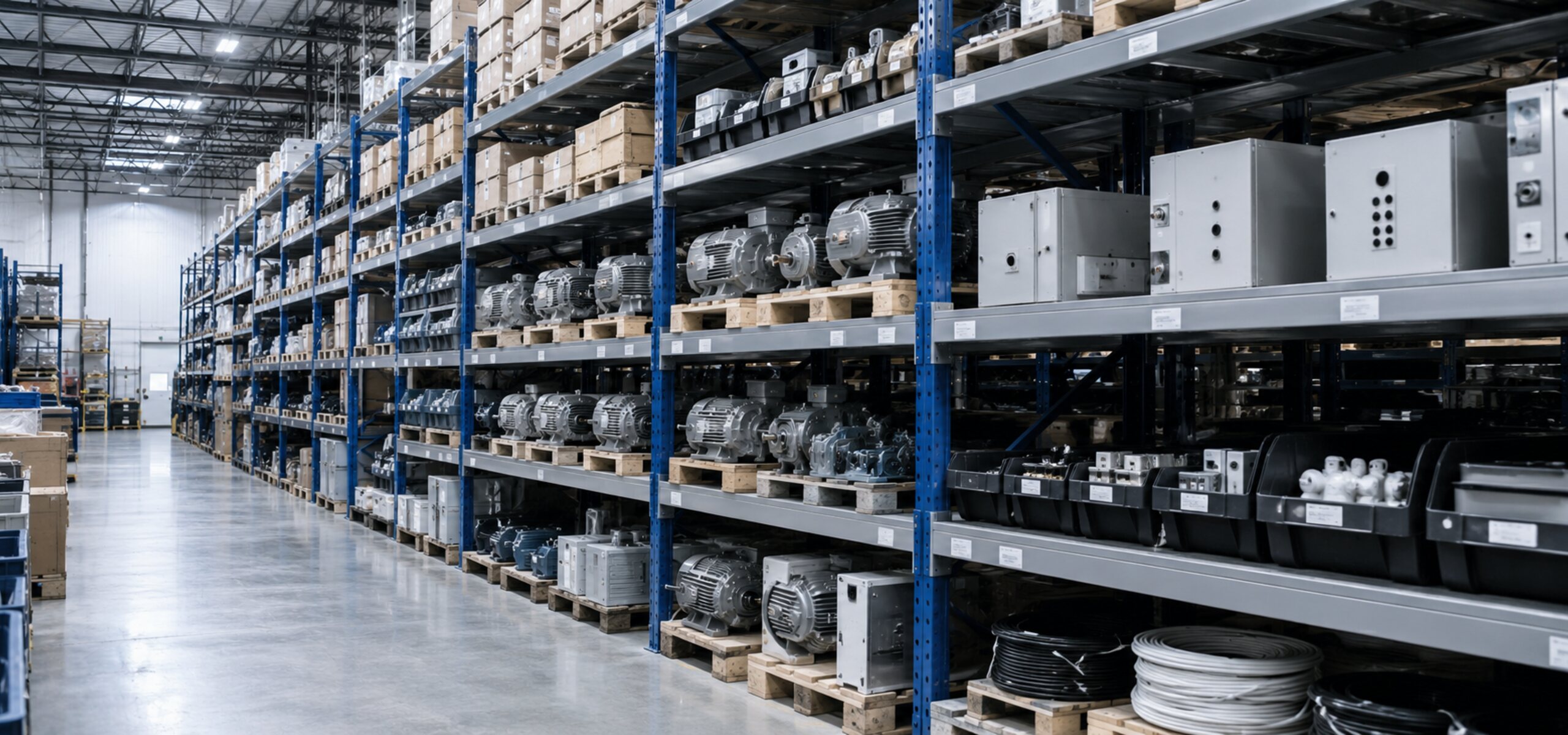 Organized industrial warehouse shelving stacked with labeled motor, sensor, and control panel components, illustrating how KnarrTek's electromechanical manufacturing solutions synchronize facility-wide inventory between BellHawk and MilramX.