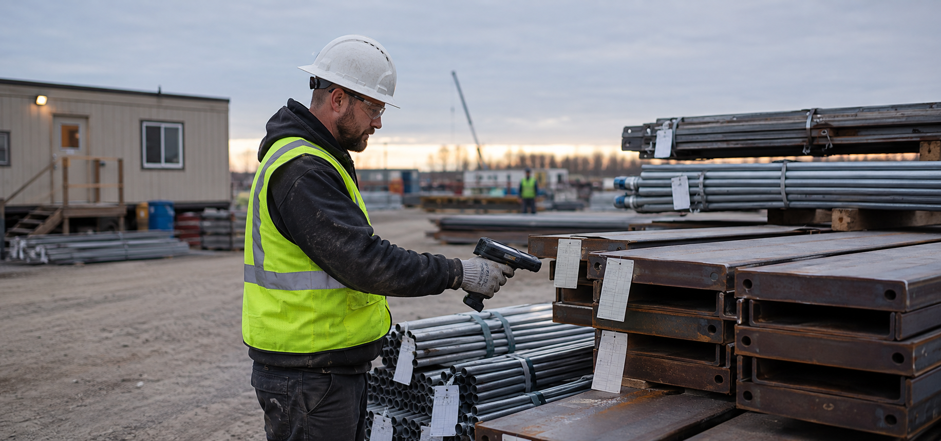 Field crew member using a handheld RFID scanner on staged materials at an active job site, illustrating how KnarrTek's engineering contractor traceability software captures work-in-process data at the point of work.