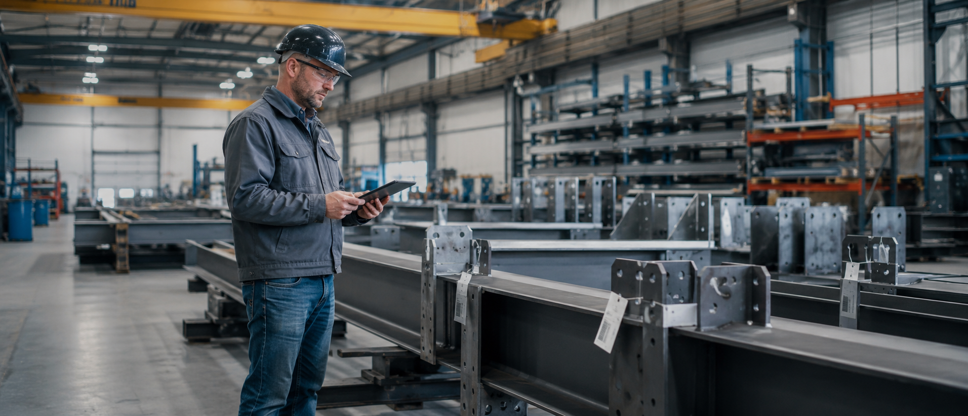 Project coordinator reviewing staged steel assemblies and tracking labels in a fabrication shop, illustrating how KnarrTek's engineering contractor workflow solutions synchronize shop and field data through BellHawk and MilramX.
