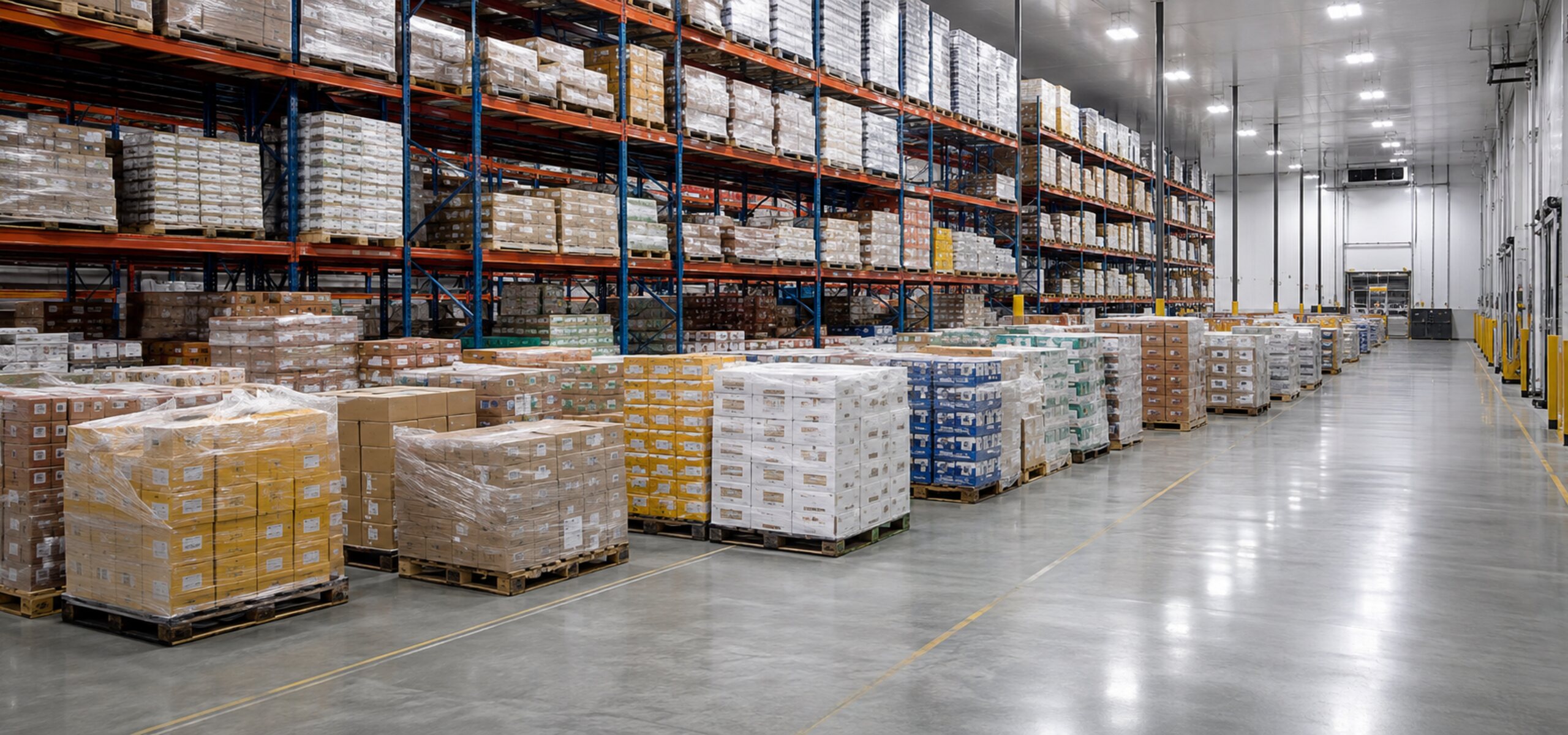Wide view of a food and beverage distribution center with staged pallets and racking, illustrating how KnarrTek's food and beverage workflow solutions synchronize plant and distribution data through BellHawk and MilramX.