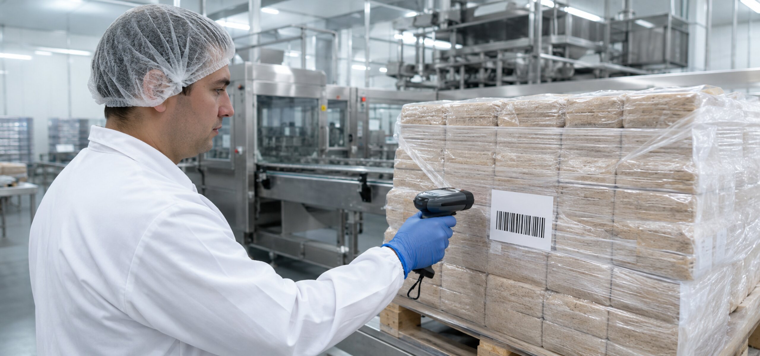 Food plant worker scanning a lot barcode on a pallet of packaged product, illustrating how KnarrTek's food and beverage traceability software captures lot data at the point of work.
