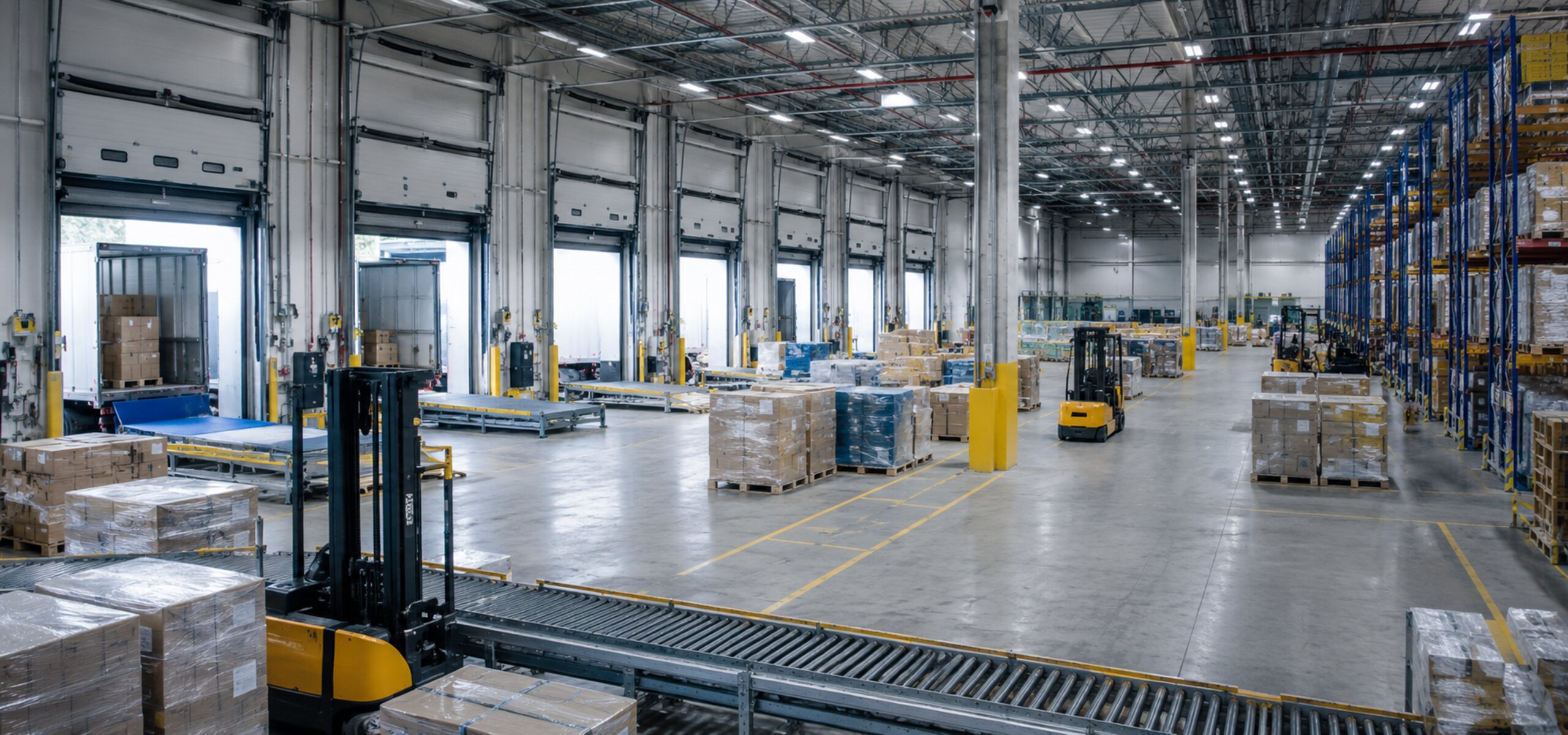 Wide view of an industrial distribution center with staged pallets, racking, and forklift activity, illustrating how KnarrTek's industrial distribution software synchronizes warehouse and business system data.