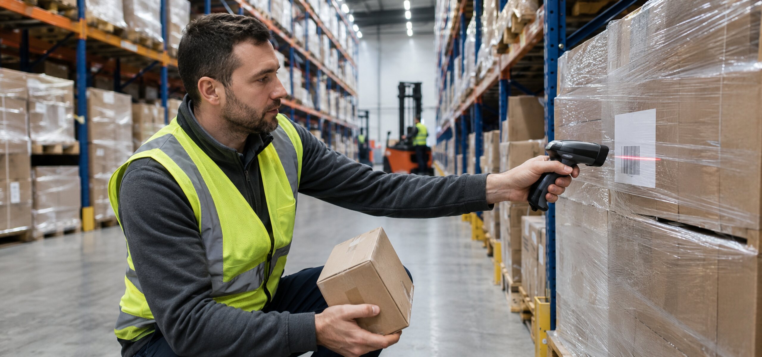 Warehouse associate using KnarrTek's industrial distribution software to scan a barcode label on a pallet, capturing inventory data at the point of work.
