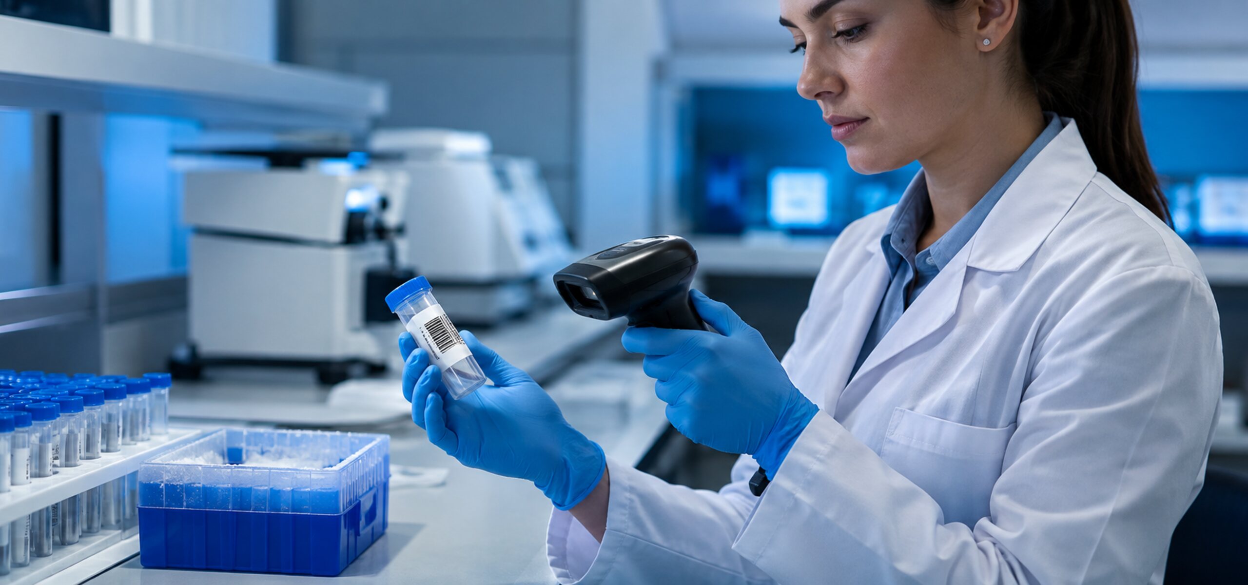 Laboratory technician scanning a barcode label on a sample container, illustrating how KnarrTek's BellHawk platform captures chain-of-custody data at the point of work.