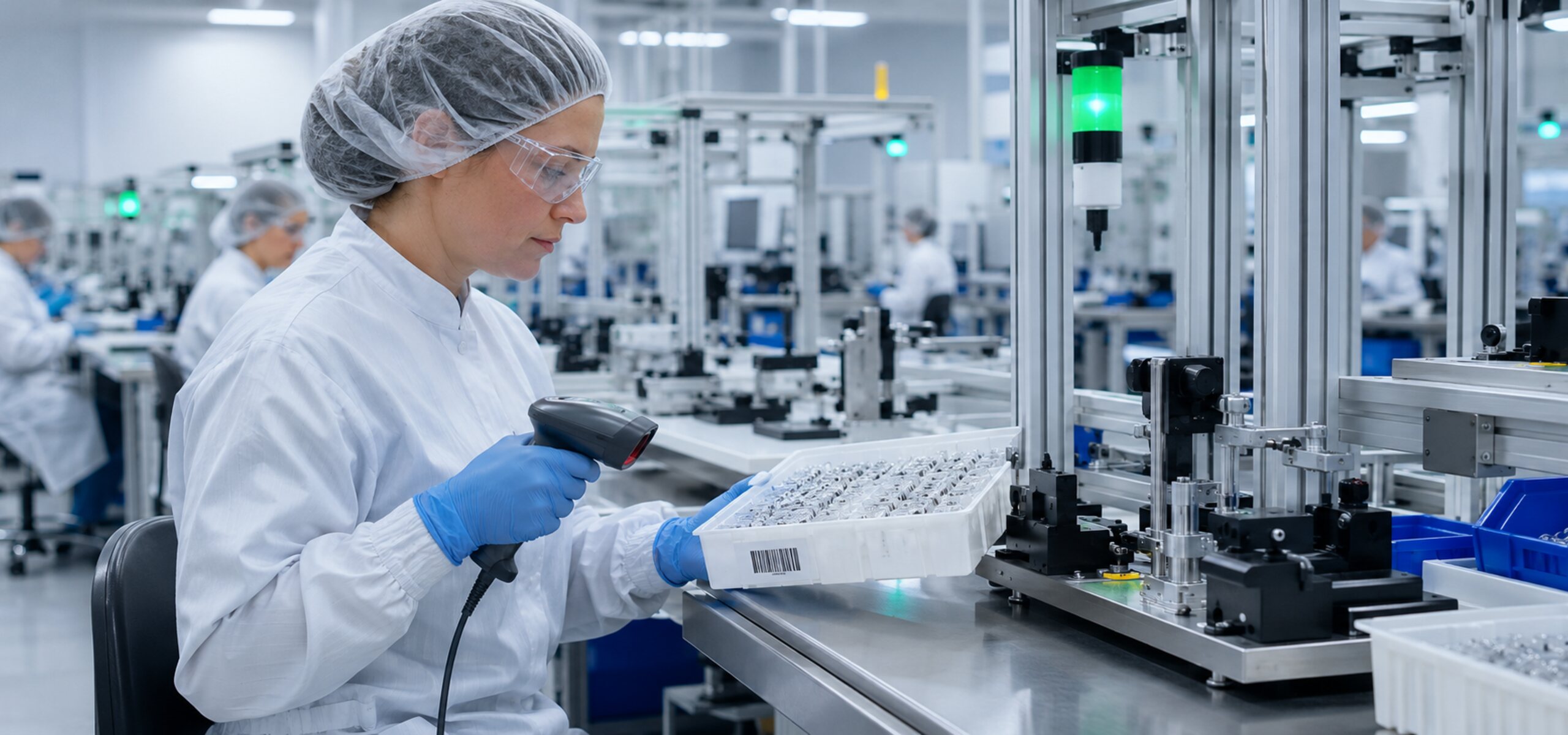Wide view of a medical device production line with barcode scanning and labeling stations, illustrating the medical device traceability solutions KnarrTek builds for manufacturers and distributors.