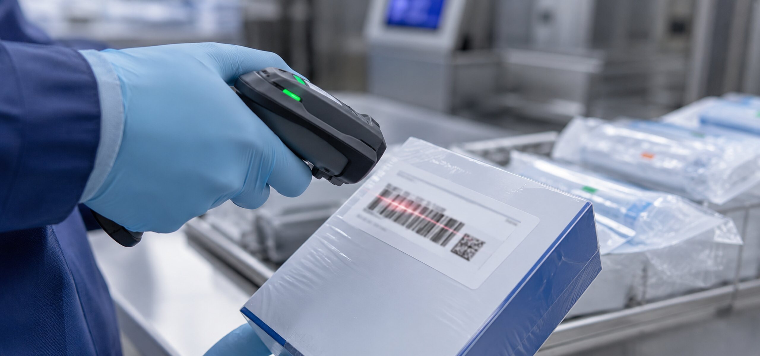 Technician scanning a UDI barcode label on a finished medical device, illustrating how KnarrTek's BellHawk platform assembles the Device History Record at the point of work.