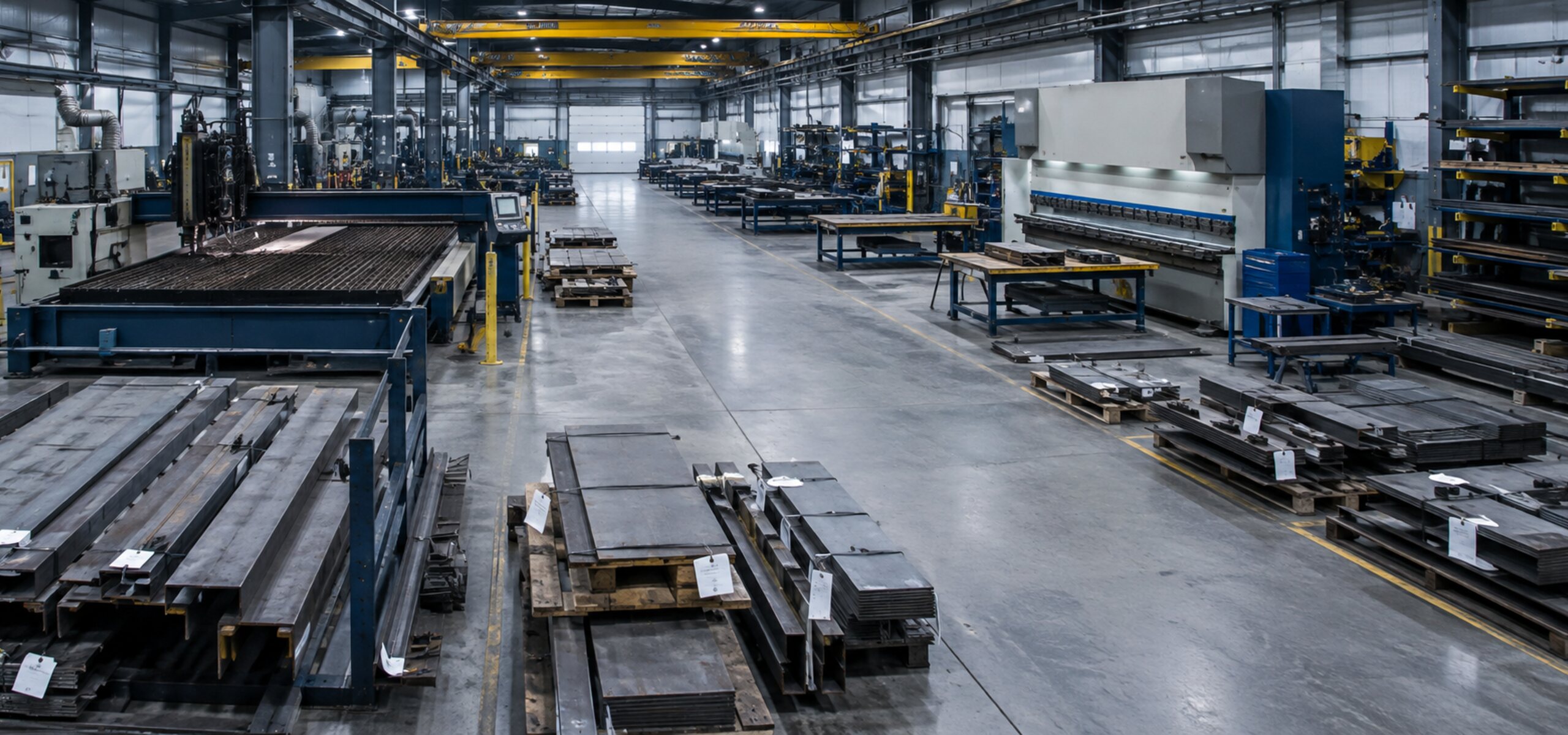 Wide view of a metal fabrication shop floor with staged steel jobs and labeled material racks, illustrating how KnarrTek's metal fabrication workflow solutions synchronize shop-wide job data through BellHawk and MilramX.