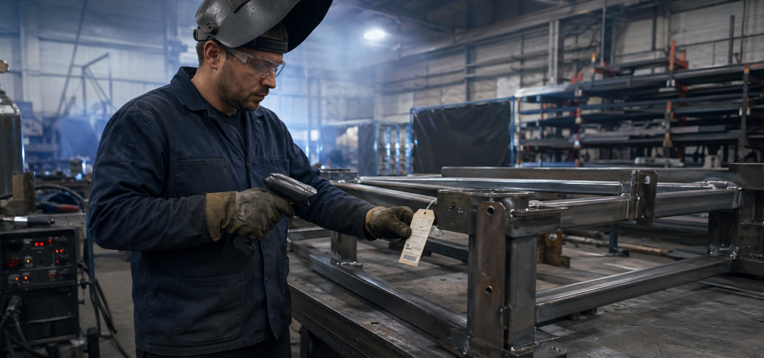 Fabricator scanning a work order barcode at a welding bay in a metal fabrication shop, illustrating how KnarrTek's metal fabrication traceability software captures job status at the point of work.