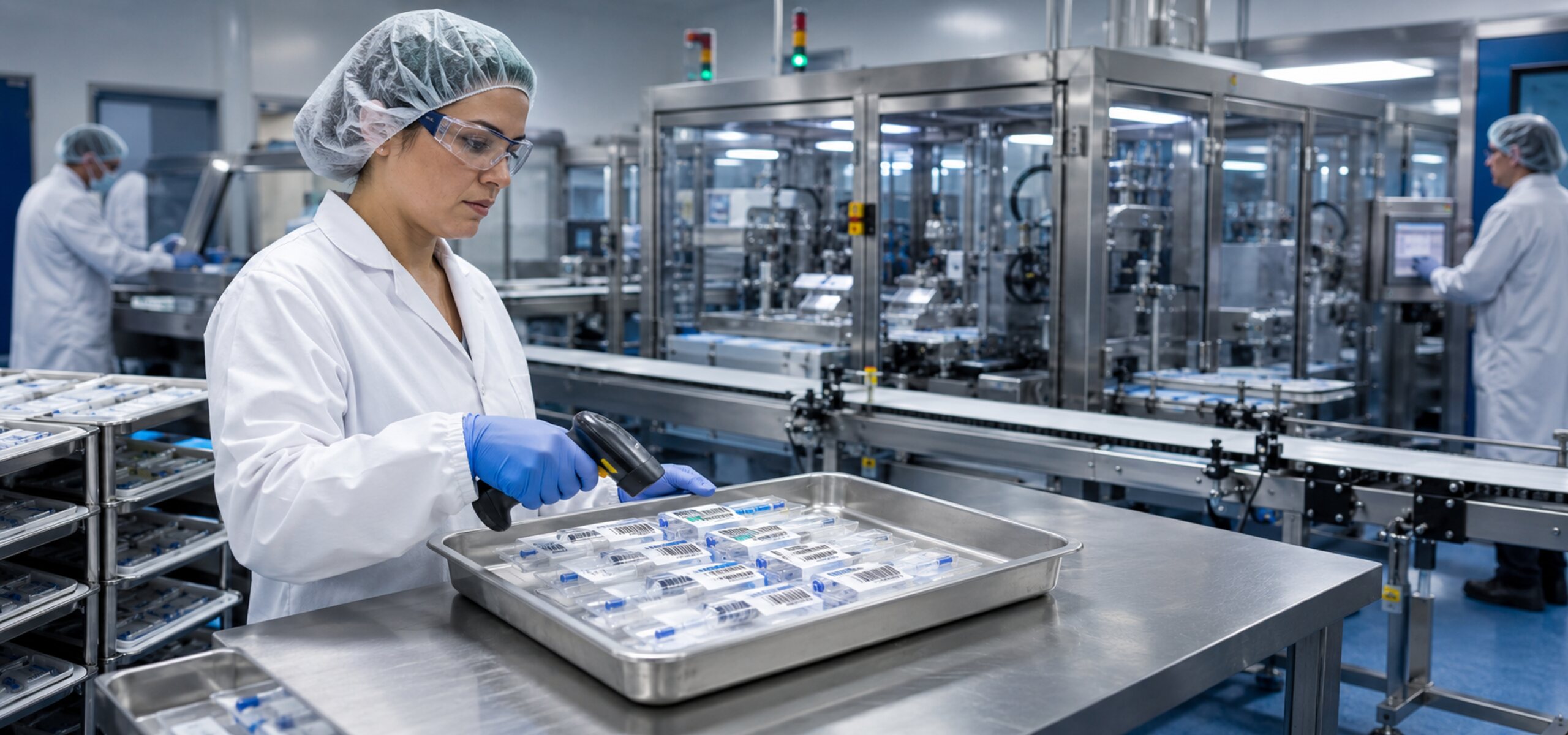 Wide view of a pharmaceutical production line with barcode scanning and labeling stations, illustrating the pharmaceutical management solutions KnarrTek builds for manufacturers and distributors.