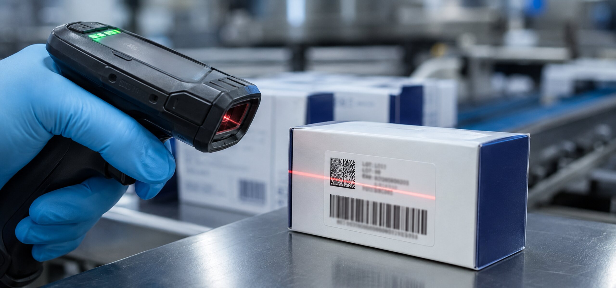 Technician scanning a GS1 serialized barcode label on a finished pharmaceutical package, illustrating how KnarrTek's BellHawk platform assembles the DSCSA traceability record at the point of work.