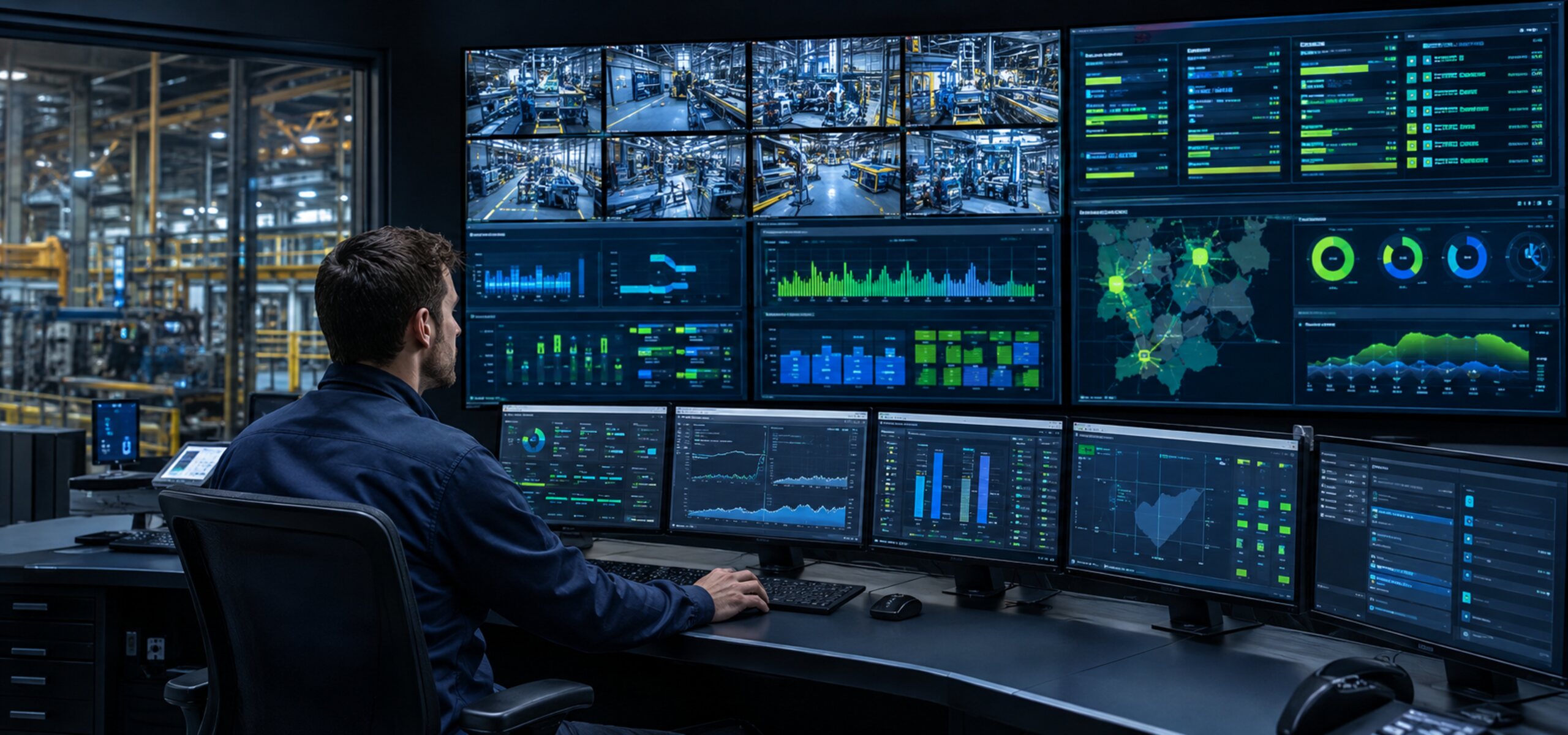 Operations coordinator monitoring live multi-site production dashboards, illustrating how KnarrTek's MilramX platform consolidates real-time visibility across every site.