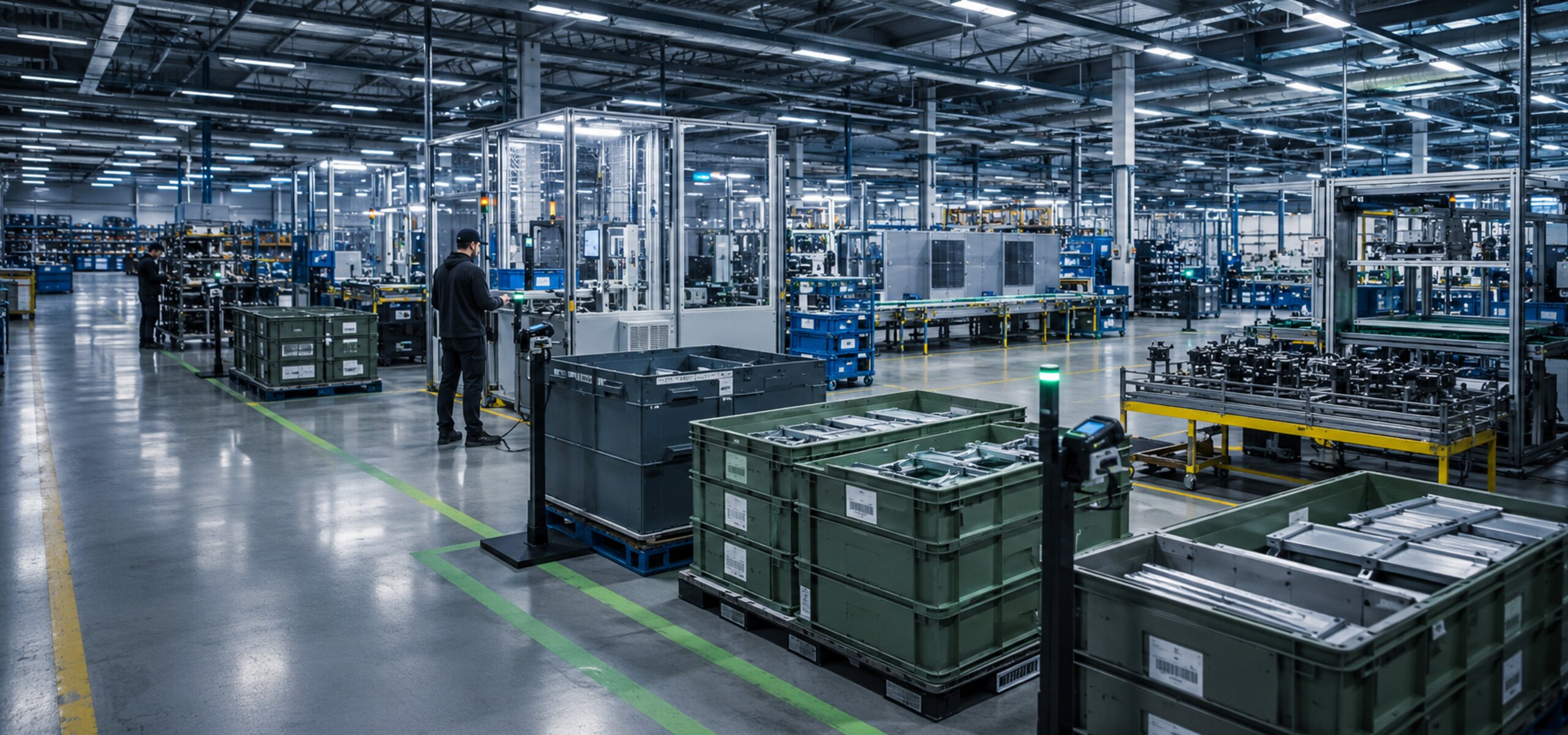 Wide view of a modern manufacturing plant floor with barcode scanning stations, illustrating the real-time manufacturing traceability solutions KnarrTek builds for contract and industrial manufacturers.