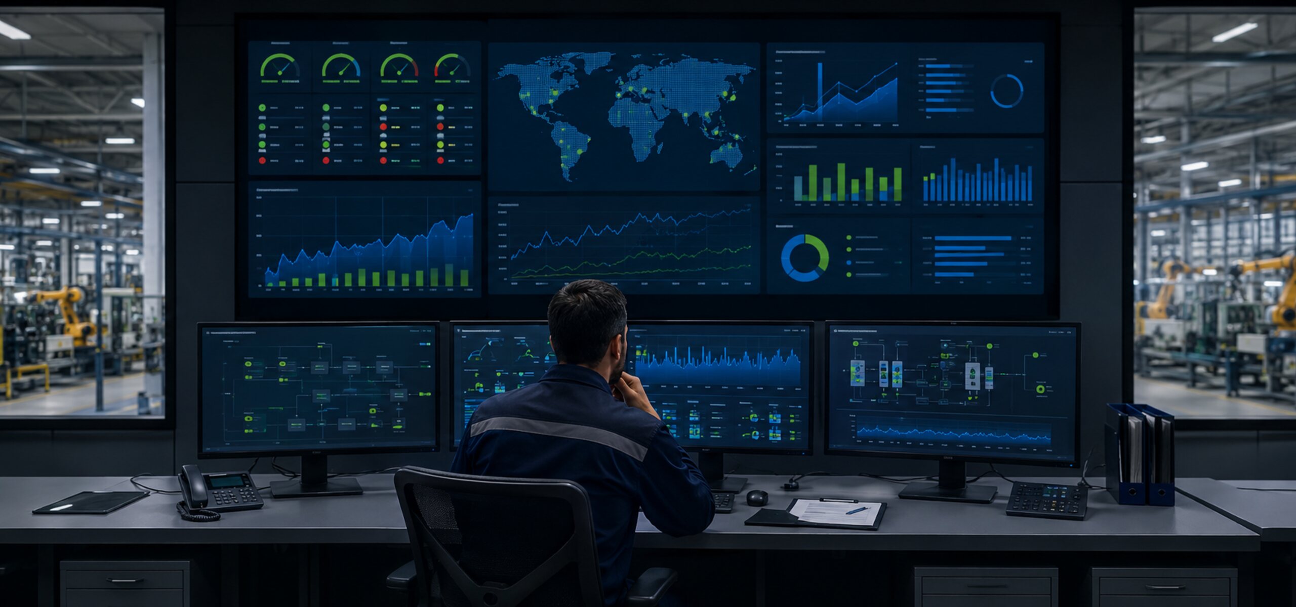 Operations manager using SmartOps24x7 operations management software to monitor real-time agent status, alerts, and DEX database activity across a manufacturing facility.