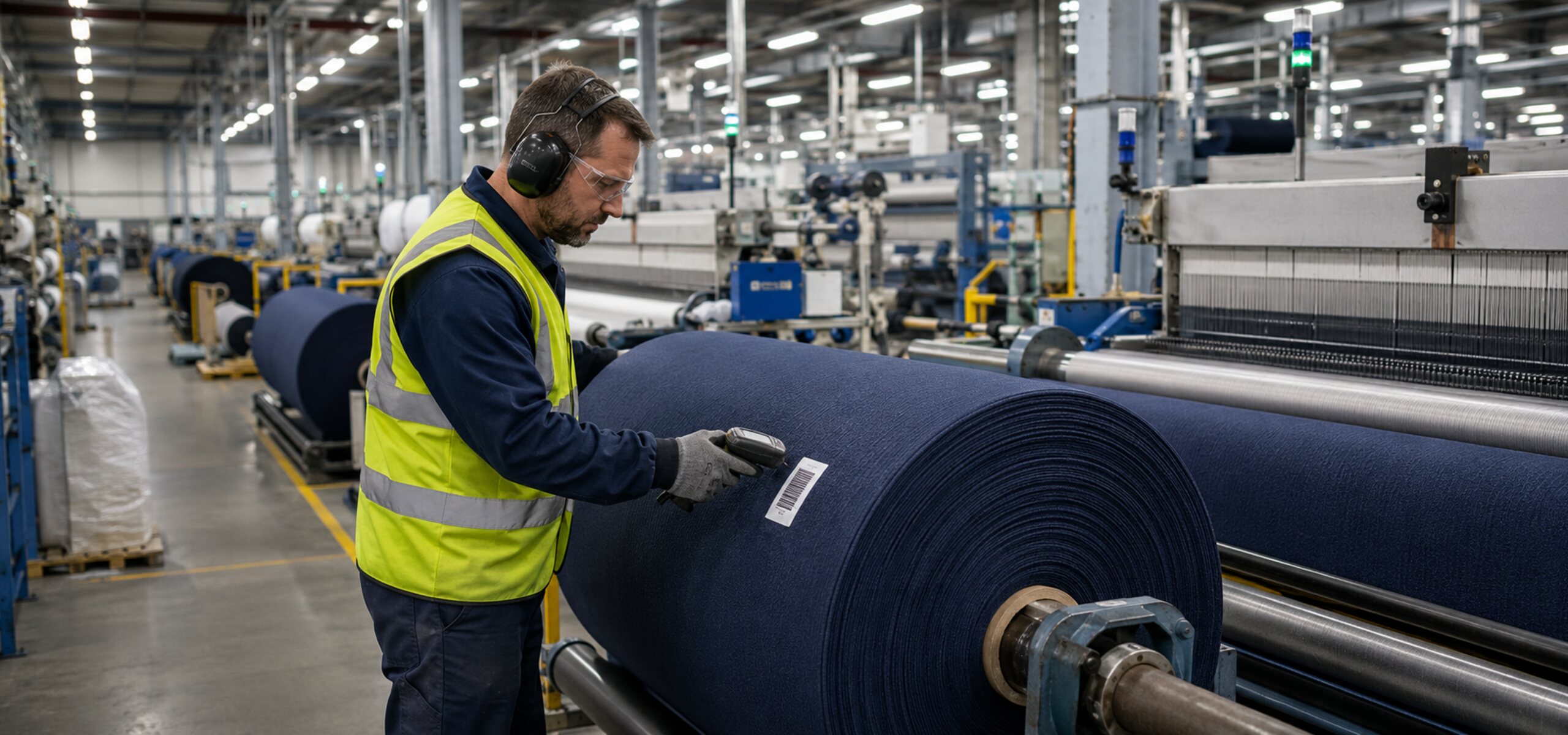 Textile mill operator scanning a barcode label on a fabric roll using KnarrTek's textile manufacturing traceability software, capturing production data at the point of work.