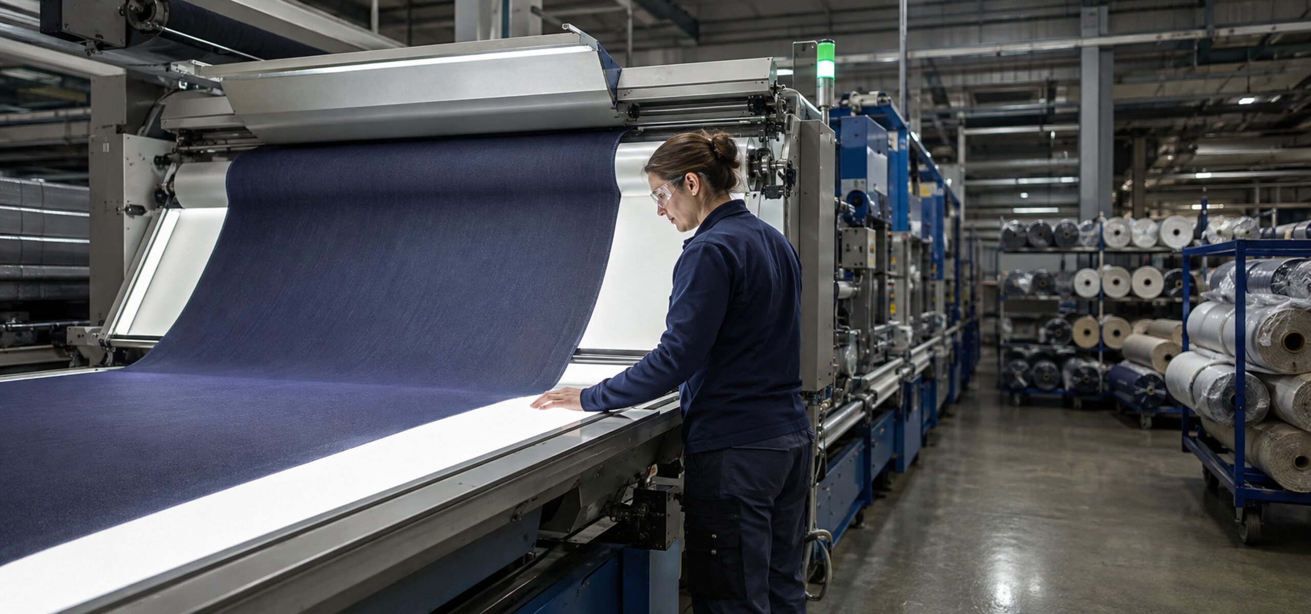 Wide view of a textile finishing line with a quality inspector reviewing fabric rolls, illustrating how KnarrTek's textile manufacturing software synchronizes production and business system data.