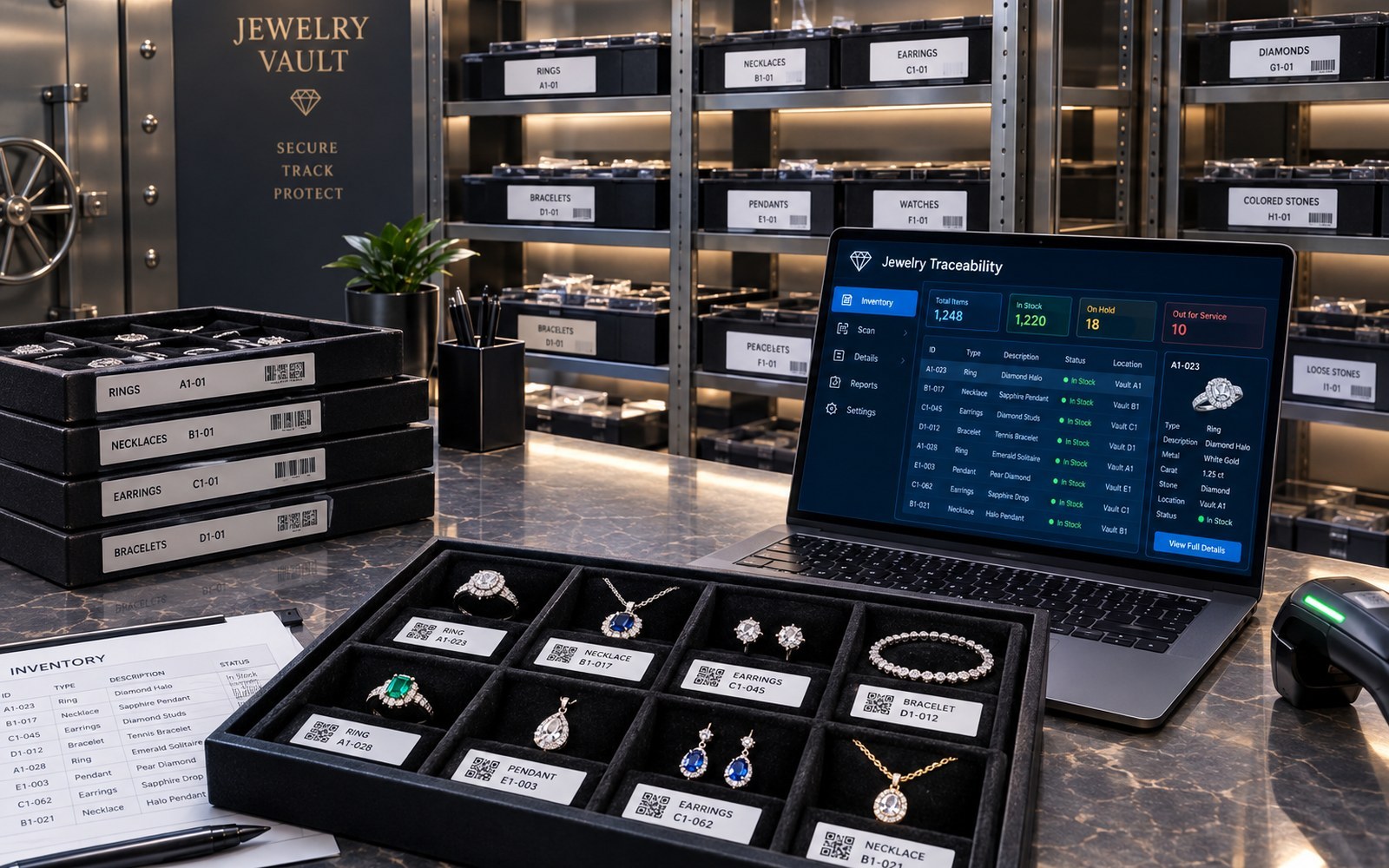 Organized jewelry vault with labeled trays showing jewelry inventory tracking with jewelry traceability software