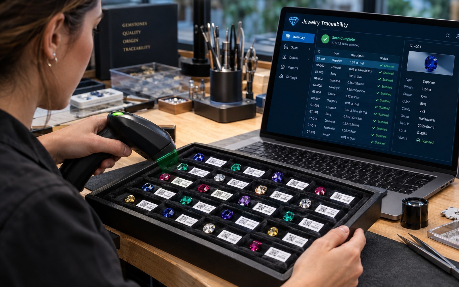 Jeweler scanning a tagged tray of gemstones with jewelry traceability software at a workshop bench