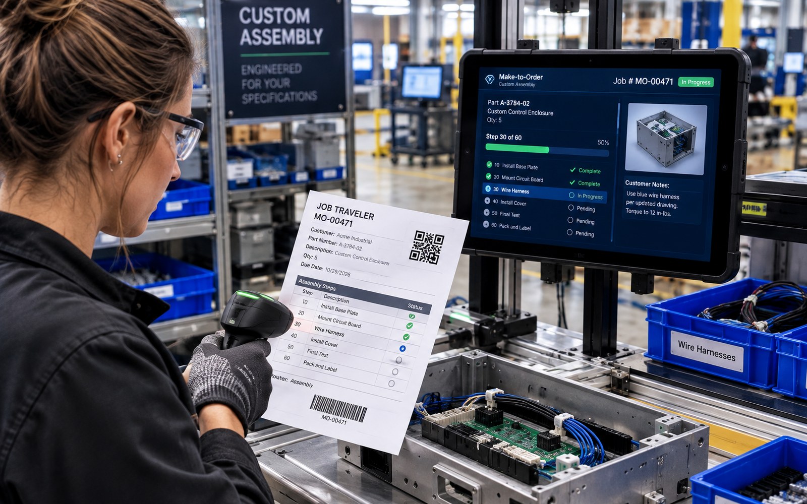 Traceability software by industry: assembly worker scanning the barcode on a printed job traveler with a handheld scanner, next to a tablet showing a make-to-order job and its assembly steps
