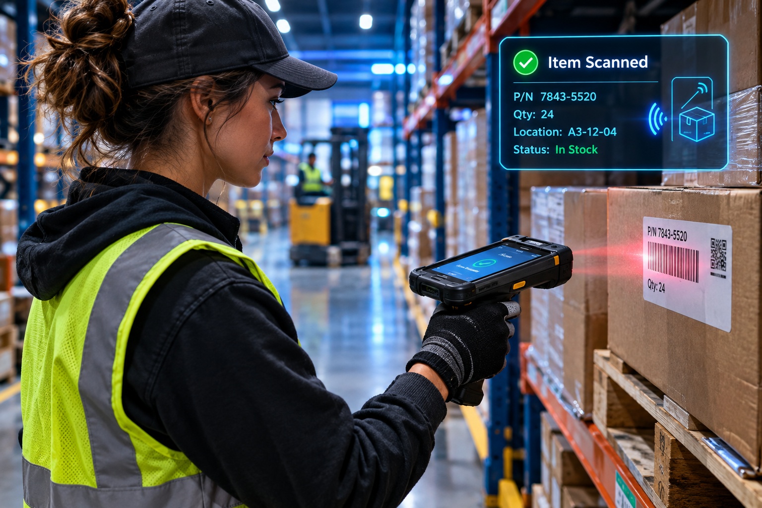 KnarrTek Partner Program: warehouse worker using a handheld barcode scanner to scan inventory on an industrial shelving unit, with a real-time item-scanned confirmation overlay showing part number, quantity, and location